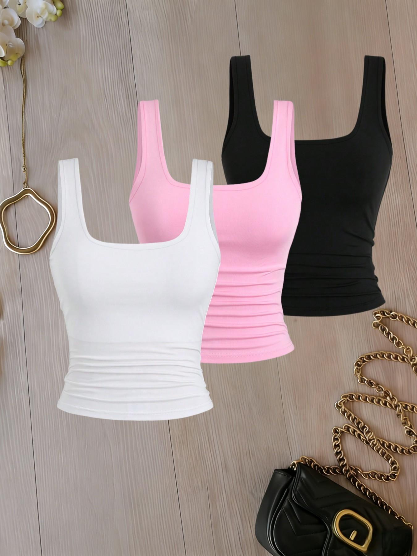 Basic Square Neck Vest Set, Leopard, Slim Fit Ruched Design, Casual, Essential Layering Piece for Daily Wear, Three-Piece