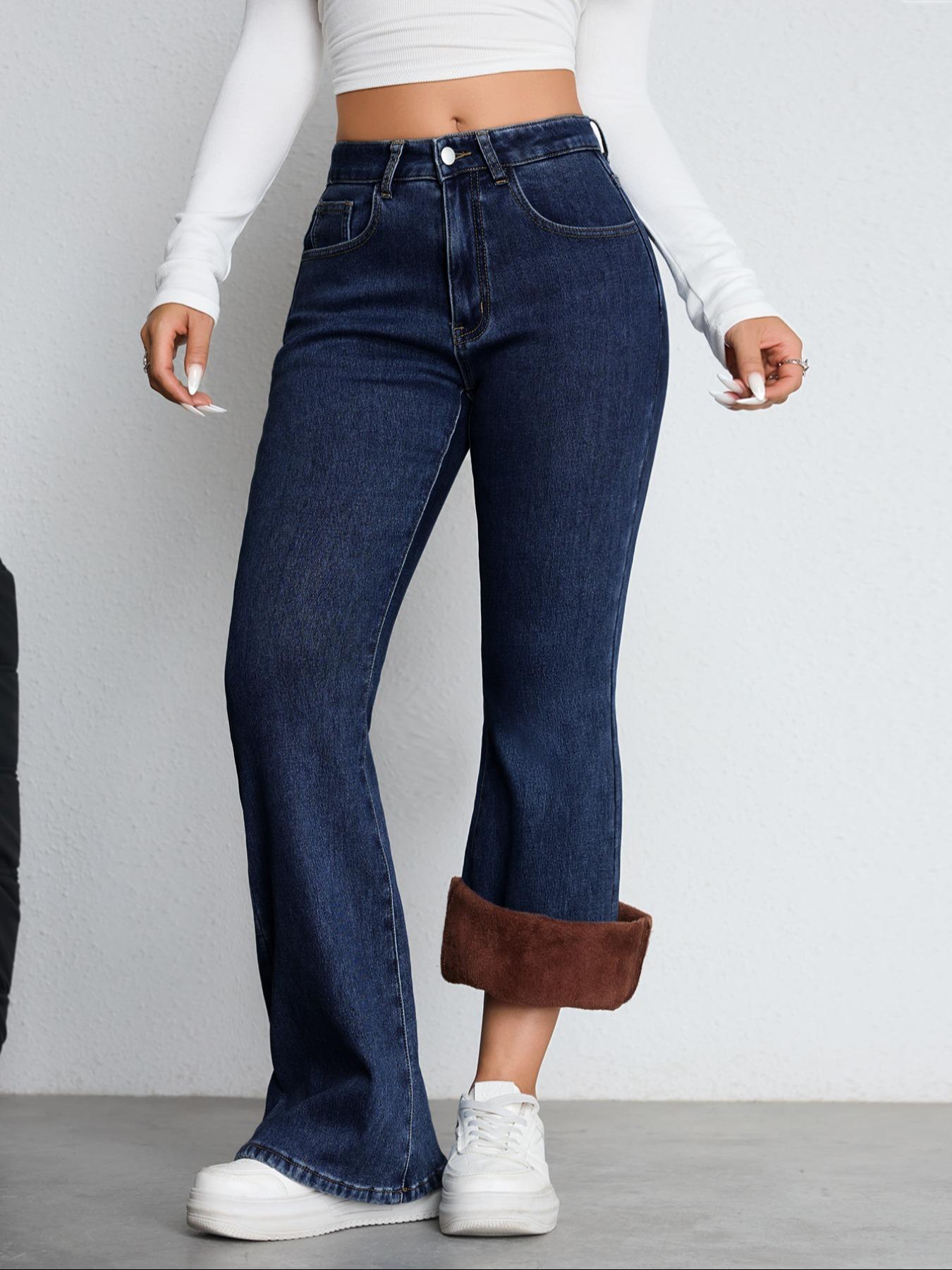 Women's Fleece Lined Thick Denim Flare Pants, Woven Comfortable Winter Fashion Jeans, Elegant Plain Design, All Seasons Wear