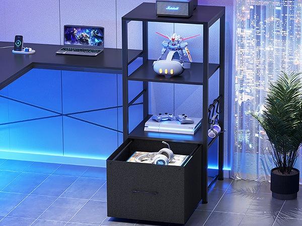 Sikaic 51 Inches Reversible LED Lights L Shaped Gaming Desk With Power Outlets & Fabric File Drawer Monitor Stand And Hooks Computer Modern