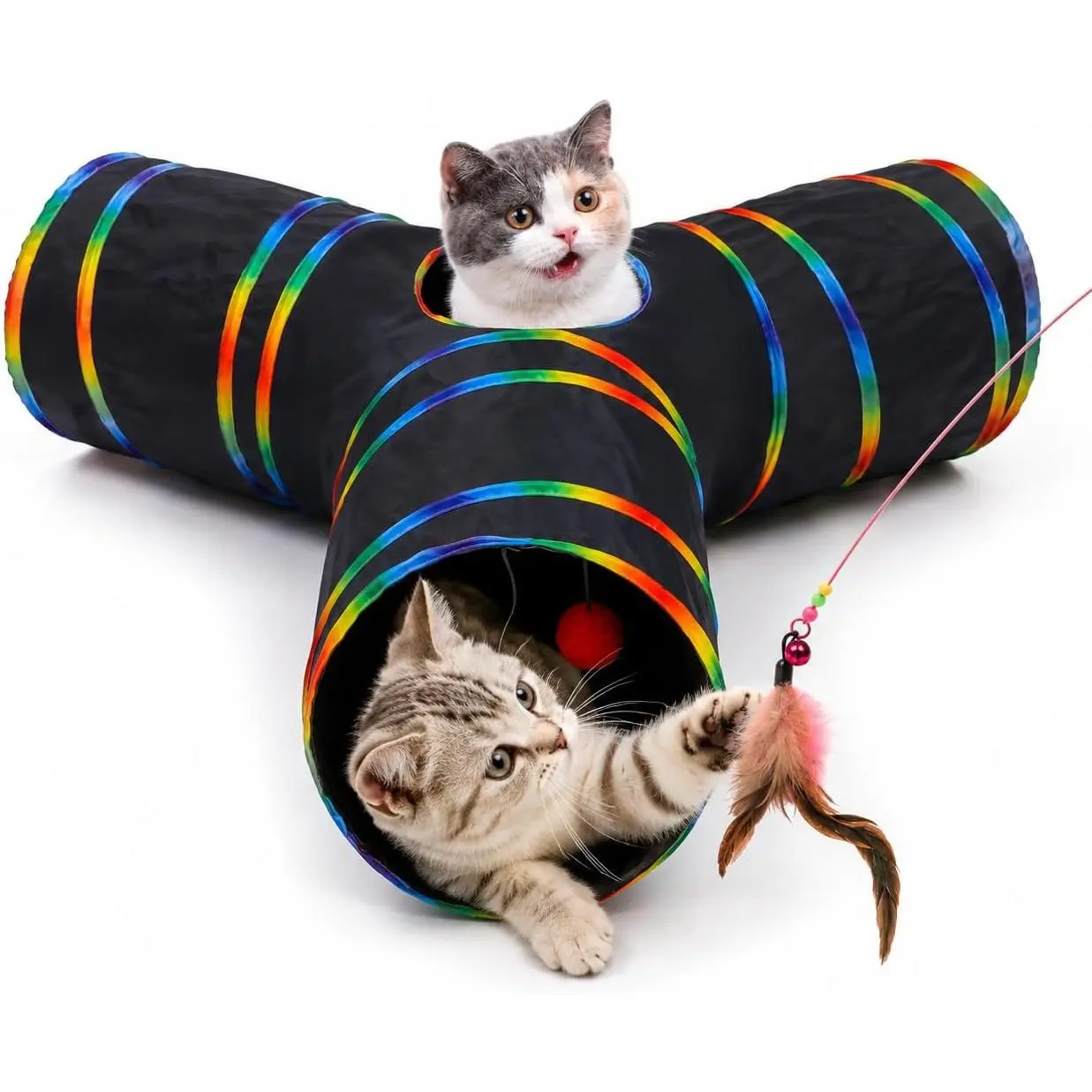Tunnels Tube  with Plush Ball &  Wand  Toys-Portable Tattaff  Washable-Interesting Geometric  Collapsible-3 Way Black Rainbow
