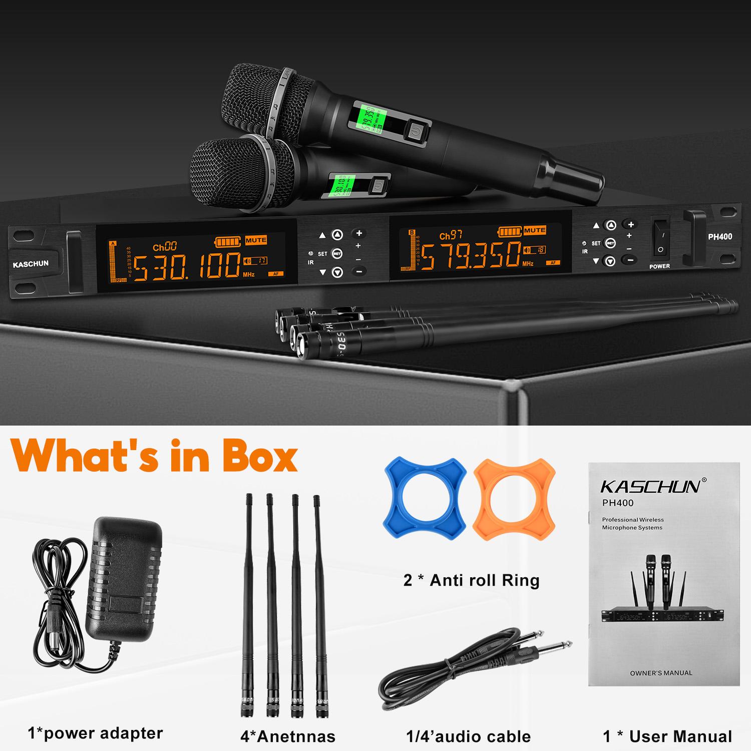 Kaschun Professional 2-Channel Wireless Microphone System, 328ft Long Range, Auto-Scan, 200 Adjustable Frequencies, Dual Handheld Mics for Karaoke, Church, DJ, Party, Singing