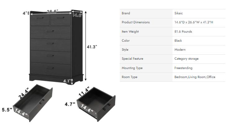 Sikaic 6 Drawers Dresser Wooden Vertical Large Capacity Storage Chest Luxury Bedroom Furniture Apothecary Cabinet Modern Cupboard Organization Organizer Interior