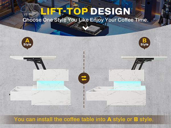 SEDETA 40-inch Faux Marble Rectangular Coffee Table with Drawers & LED Lights Living Room Furniture Foldable Height Adjustable Storage Compartment