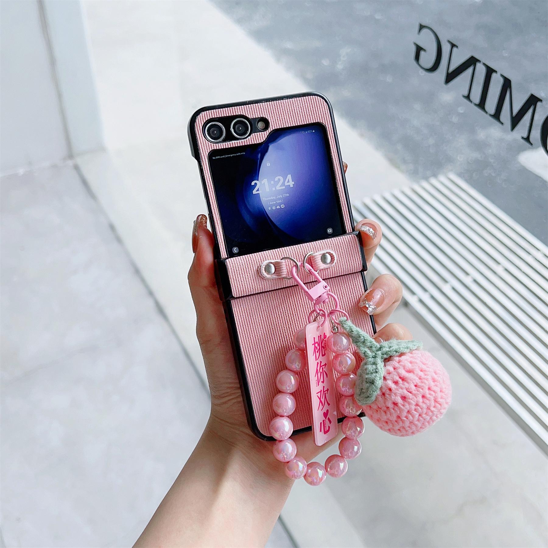 Korean Cute Peach Cherry Beads Ring Pendant Stripes Case for Samsung Galaxy Z Flip 7 Z Flip6 Zflip5 Zflip5 Back Cover