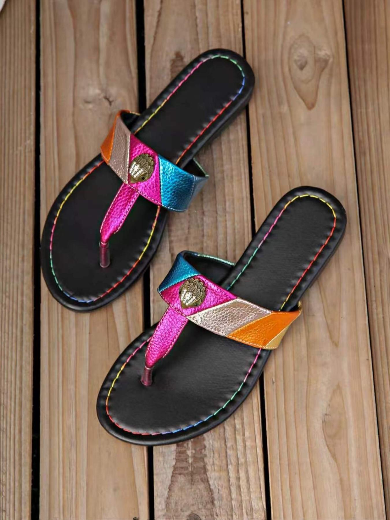 2026 New Colorblock Eagle Head Casual Sandals for Women, Summer Outdoor Rainbow Contrast Toe Posture Slippers, Flat Beach Cool Flip Flops
