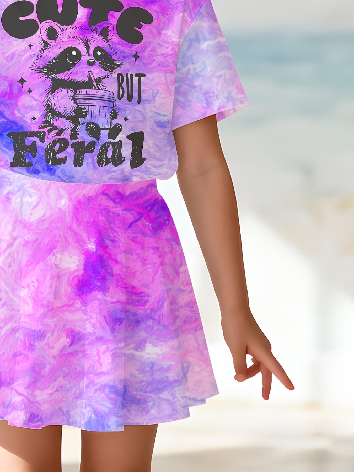 Girls' 3D Cat Print Top and Skirt Set, Summer Casual, Round Neck Short Sleeve, Slim-Fitting, All over Print, Two-Piece Suit