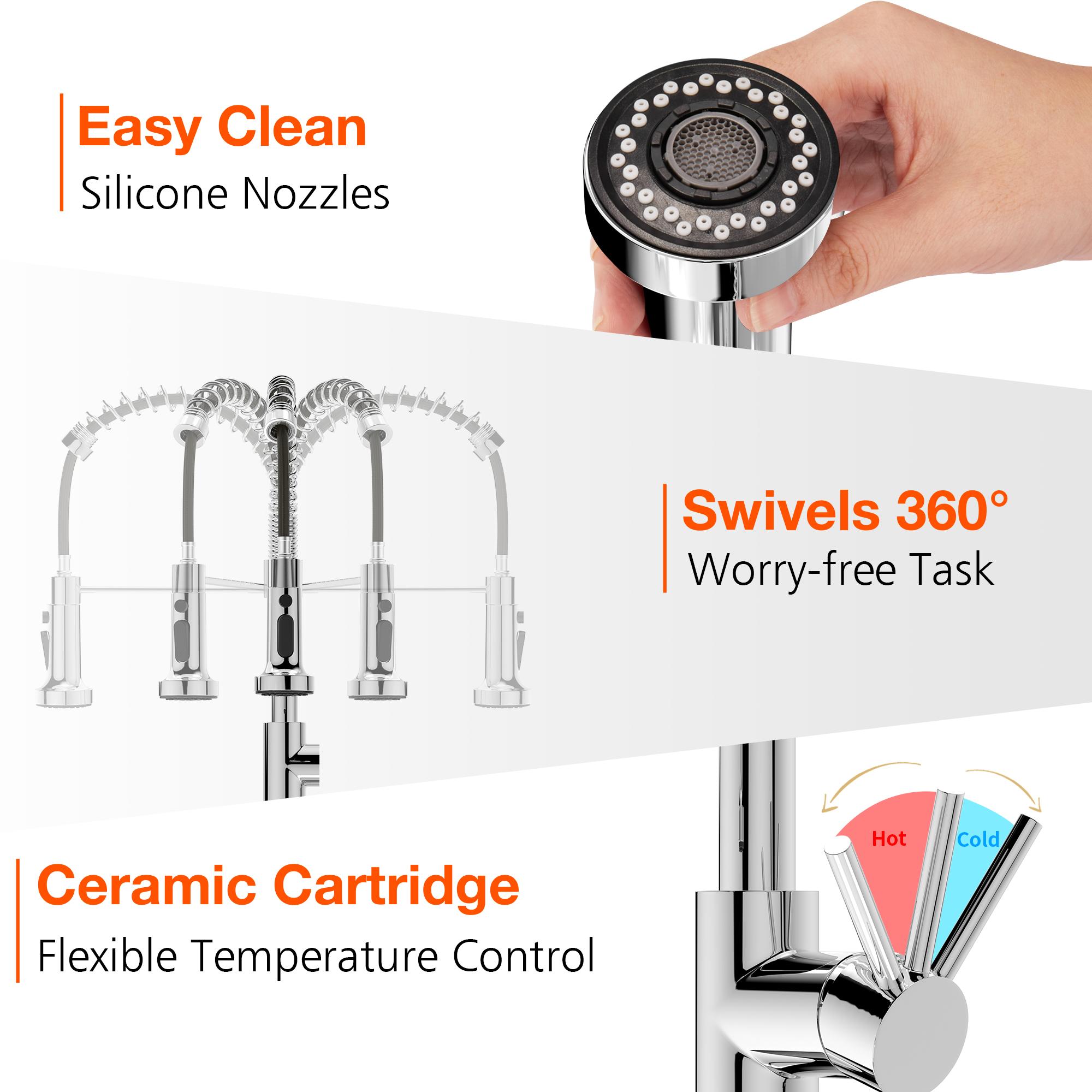 FORIOUS Kitchen Faucet with Pull Down Sprayer，Adjustable High Pressure Stainless Steel Single Handle Rotated Pull Out Kitchen Sink Faucets