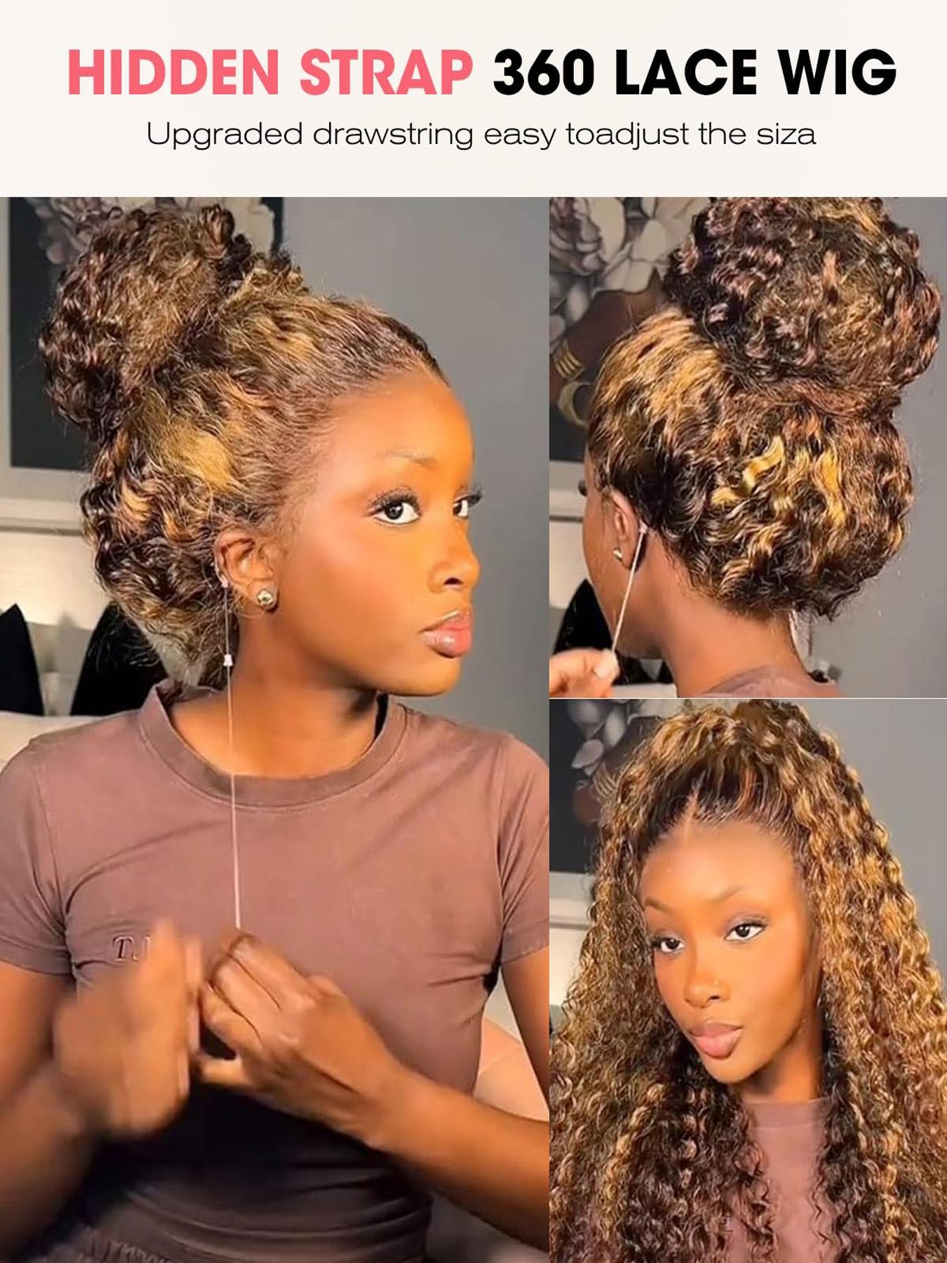 Invisible Drawstring 360 Full Lace Wig Glueless Kinky Curly Human Hair Wigs Hidden Adjustable Strap P4/27 Highlight Transparent Lace Frontal Wig Pre-Plucked With Baby Hair Can Make Ponytail And Bun Multicolor For Women Deep Curly