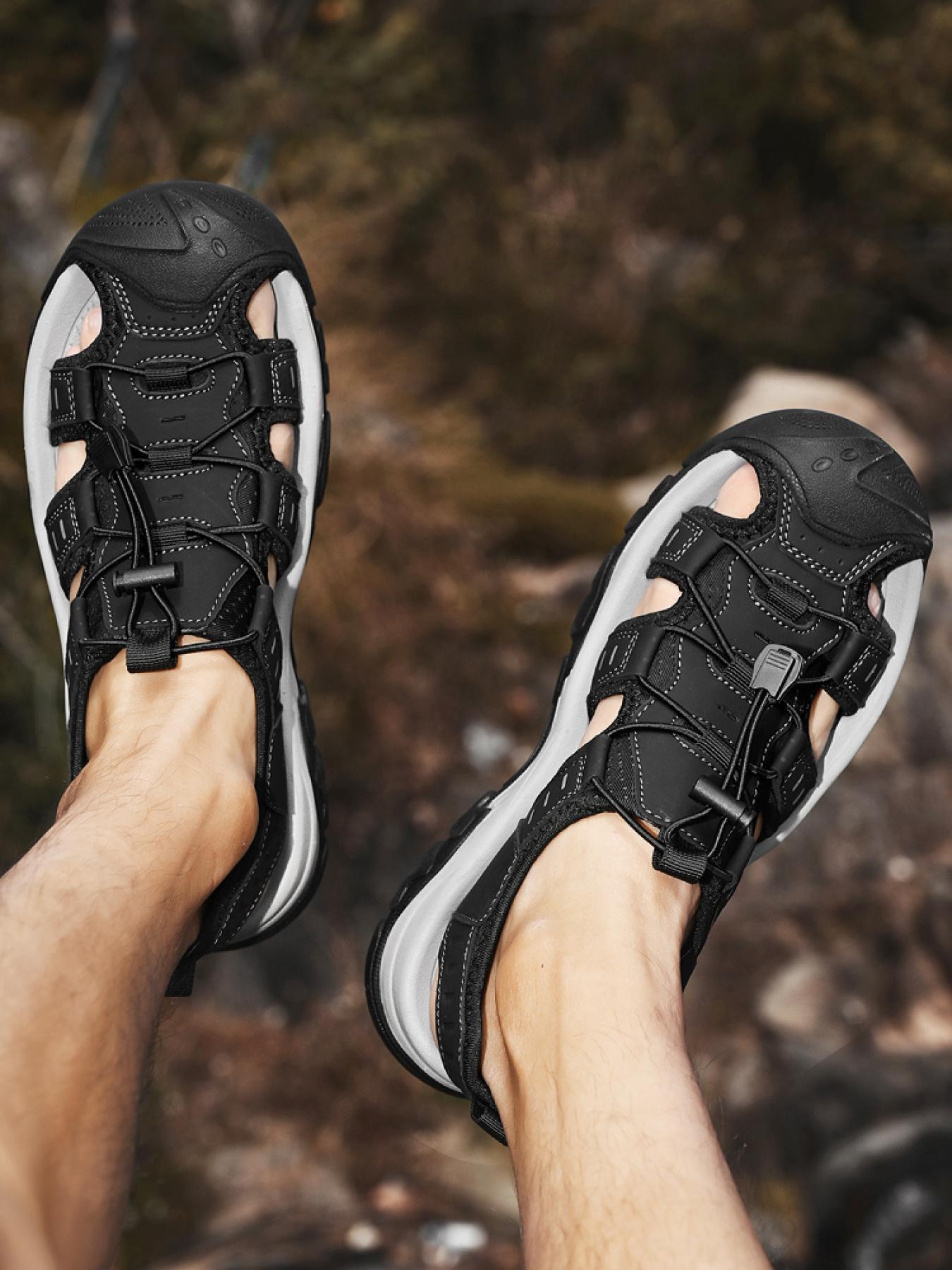 Men's Black and White Drawstring Closed-Toe Outdoor Sandals Thick-Soled Non-Slip Hollow-Out Water Shoes Breathable Durable Beach Hiking Shoes