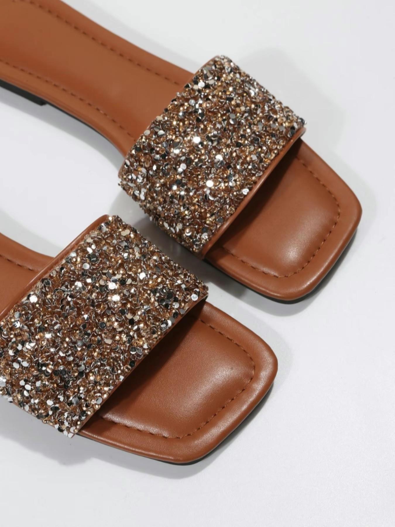 Women's Sparkly Rhinestone Slide Sandals, Square Toe Flat Sandals ...