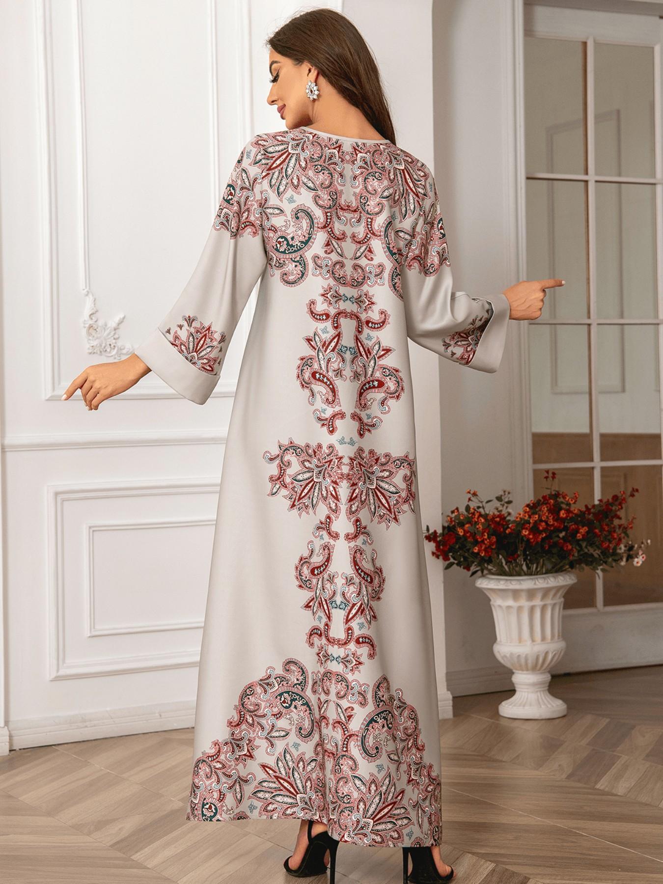 Elegant Muslim Women's Kaftan Dress, Round Neck High Density Rhinestone Beaded Print, Cross-Border Long Robe, Stylish Evening Wear