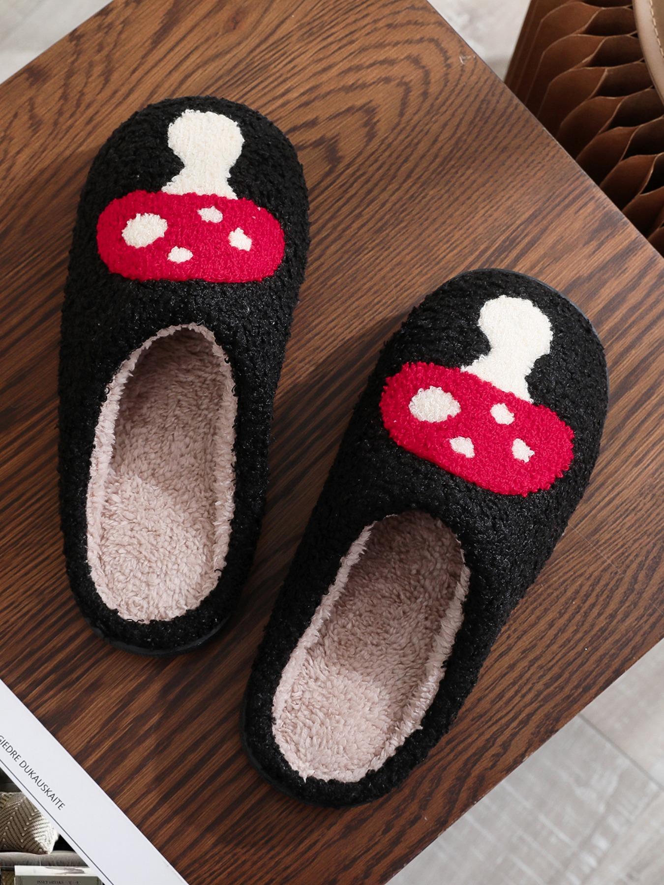 Mushroom Embroidered Plush Slippers, Creative Mushroom Design, Unisex Indoor Outdoor Warm Non-Slip Shoes, Fall Winter Gift, House Slippers