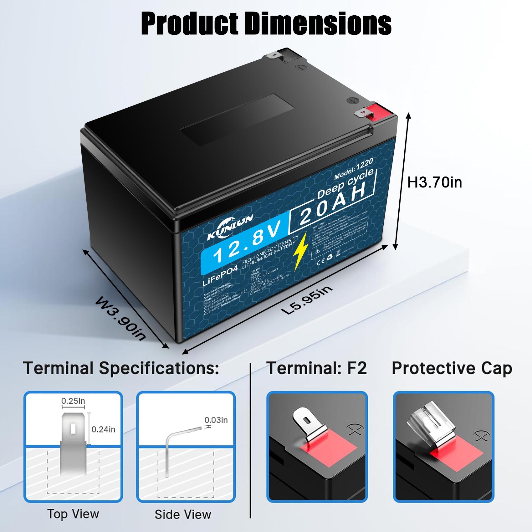KUNLUN 12V 20Ah Lithium Battery, 5000+ Deep Cycle Rechargeable LiFePO4 Lithium Ion Phosphate Battery with BMS for Fish finder, Power Wheels, Outdoor Camping