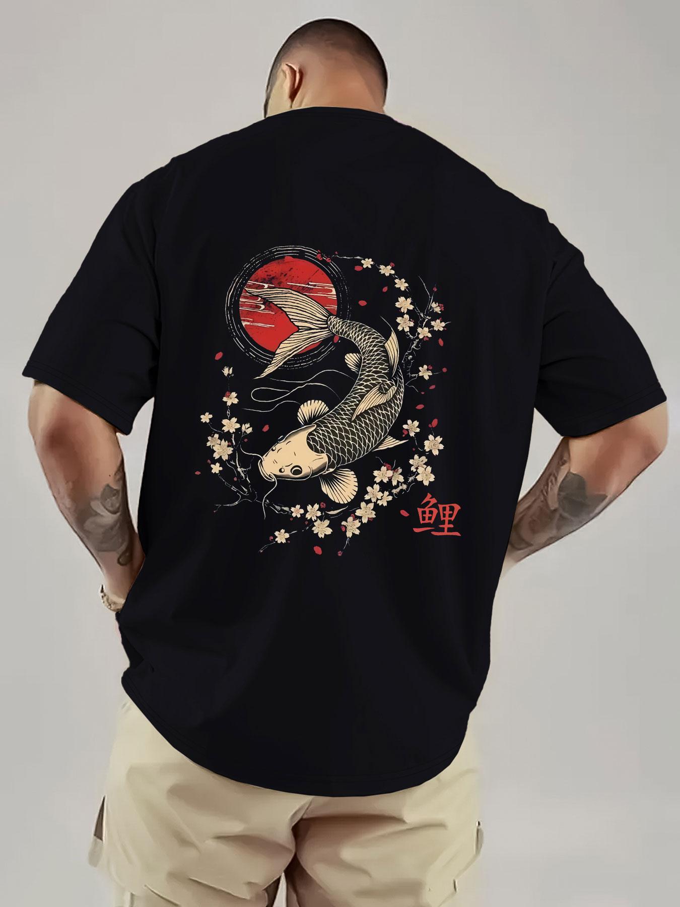 Japanese Koi and Cherry Blossom Print Men's T-Shirt, Breathable Heavyweight Short Sleeve, Streetwear for Music Festivals and Daily Wear