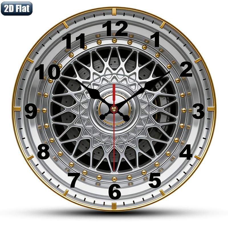 . 2D Flat. 1pc. Car Wheel Hub Themed Wall Clock, Silent Decorative Clock, Creative Wall Clock, Suitable for Bedroom, Living Room, Office Decoration, 25/30 cm (AA Battery Not Included), 2D Flat
