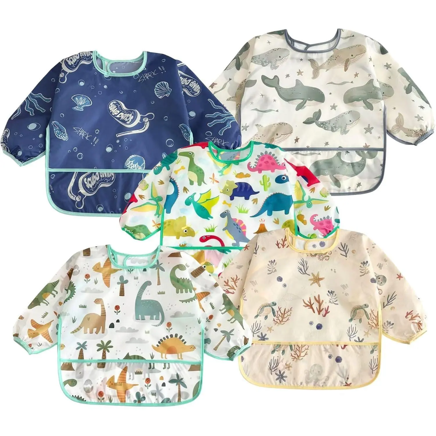 5 Pack Full Sleeve Bibs for Infants & Toddlers 6-36 Months, Waterproof, Lightweight & Durable Smock with Crumb Catcher Pocket for Eating, No, Comfortable, Long-Lasting, Feeding Bibs, Long Sleeves, Back Tie Closure, Smock Pocket