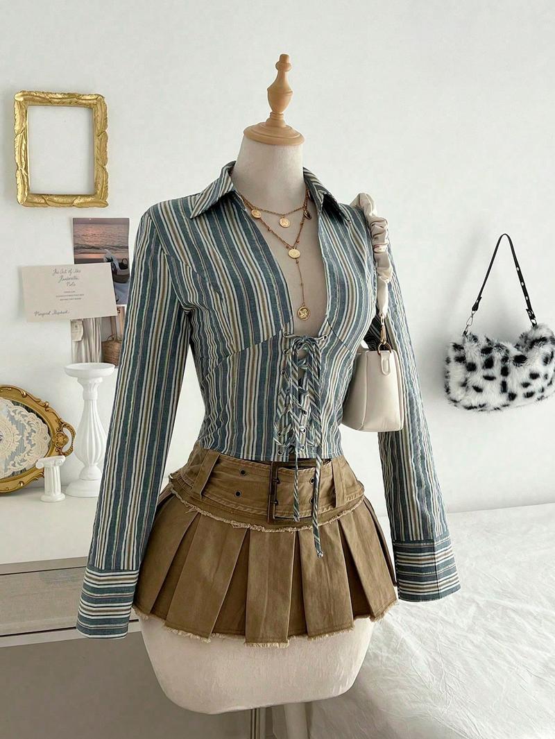 1 Piece Retro Striped Waist-Cinched Shirt Set | Euro-Hong Kong Style | Deep V Drawstring + Slim-Fit Silhouette | Elegant Pick for Daily Commute / Coffee Dates / Valentine's Day