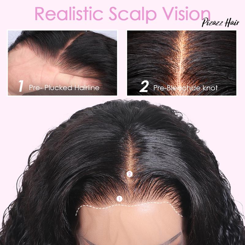 Pizazz Hair Hidden Strap 360 Lace Front Wigs Human Hair Pre Plucked Pre Bleached Knots 220 Density Water Wave HD Lace Frontal Wig with Drawstring Curly Full Lace Front Wigs for Women