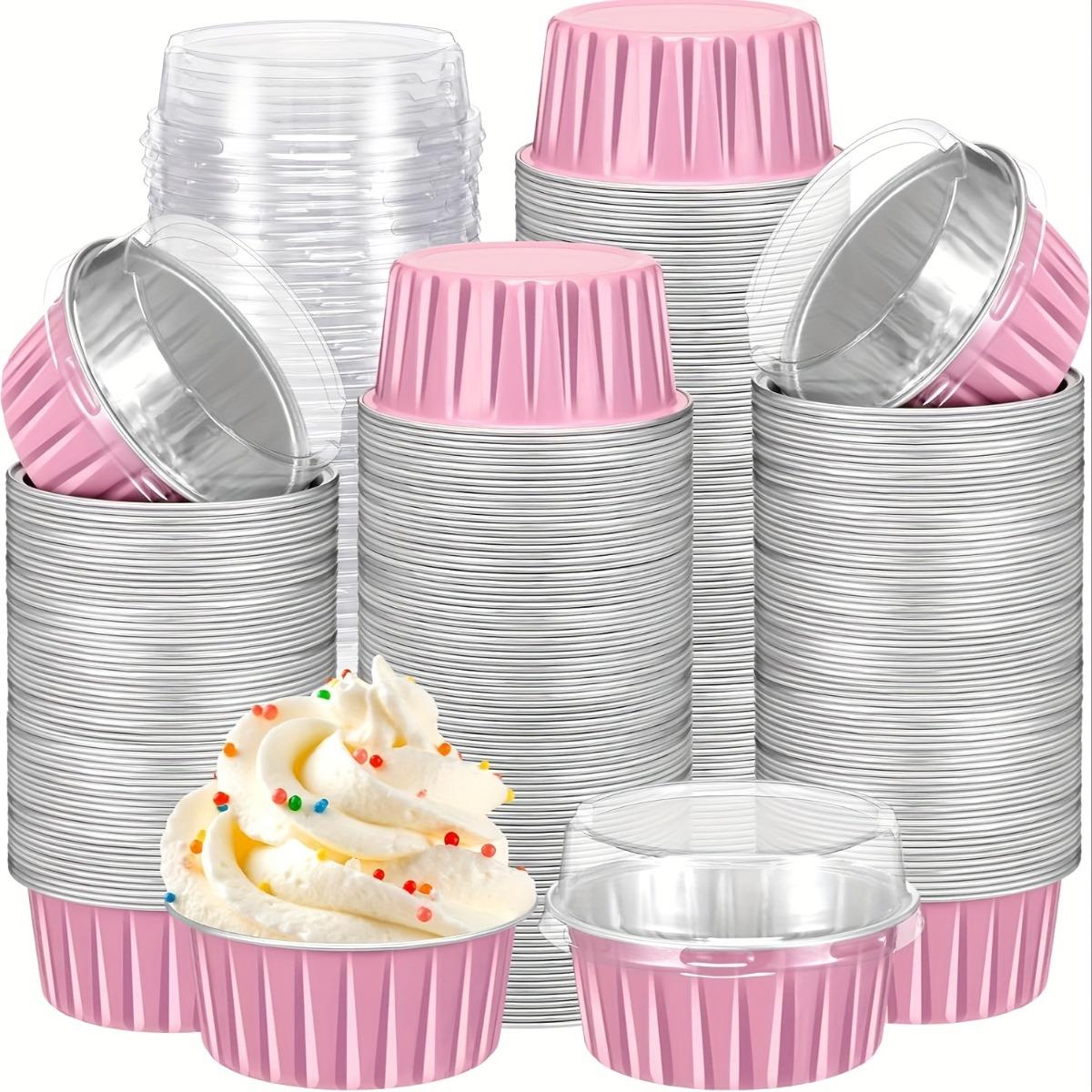 100PCS Disposable Foil Dessert Cup Set, Includes 50 Cups + 50 Lids, Perfect for Muffins, Creme Brulee, Pudding, Cheesecake, Cream Cups and Bakery Packaging, Kitchen Baking Supplies, Pink and Milk Color Optional