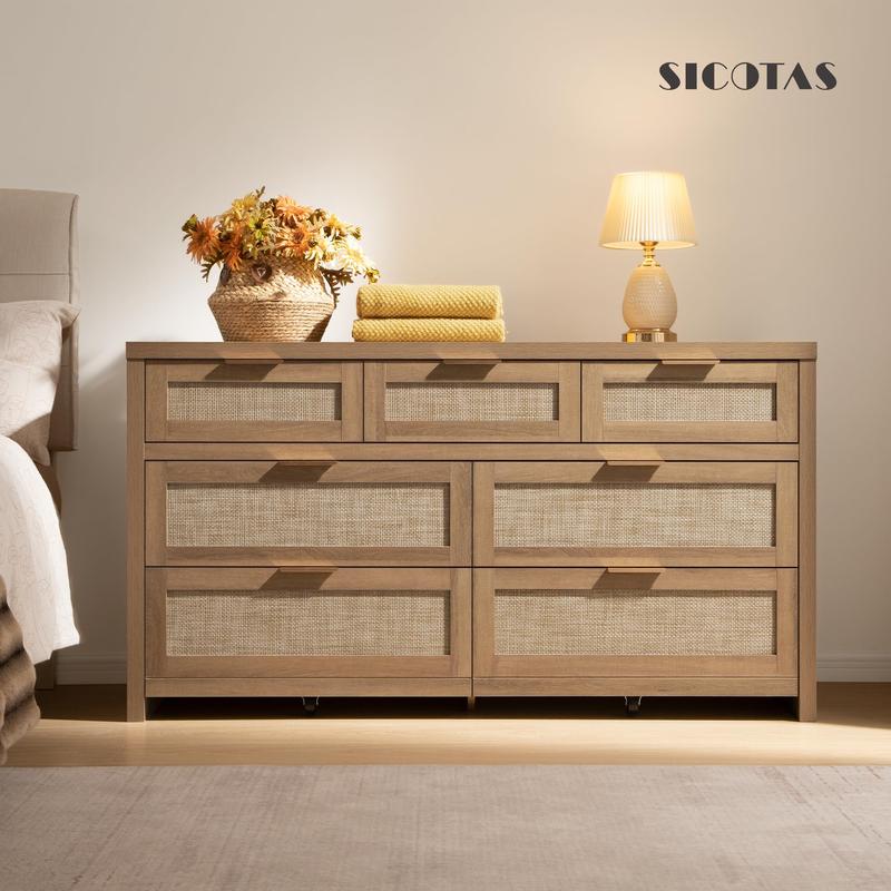 SICOTAS Rattan Dresser for Bedroom, 17.7" x 56.9" x 31.3" Size 6 Drawer Dresser with Ample Storage,Unique Engineered Wood Dressers Large Chest of Drawers for Nursery, Closet, Boho TV Stand for Bedroom, Sturdy and Durable, Easy Installation