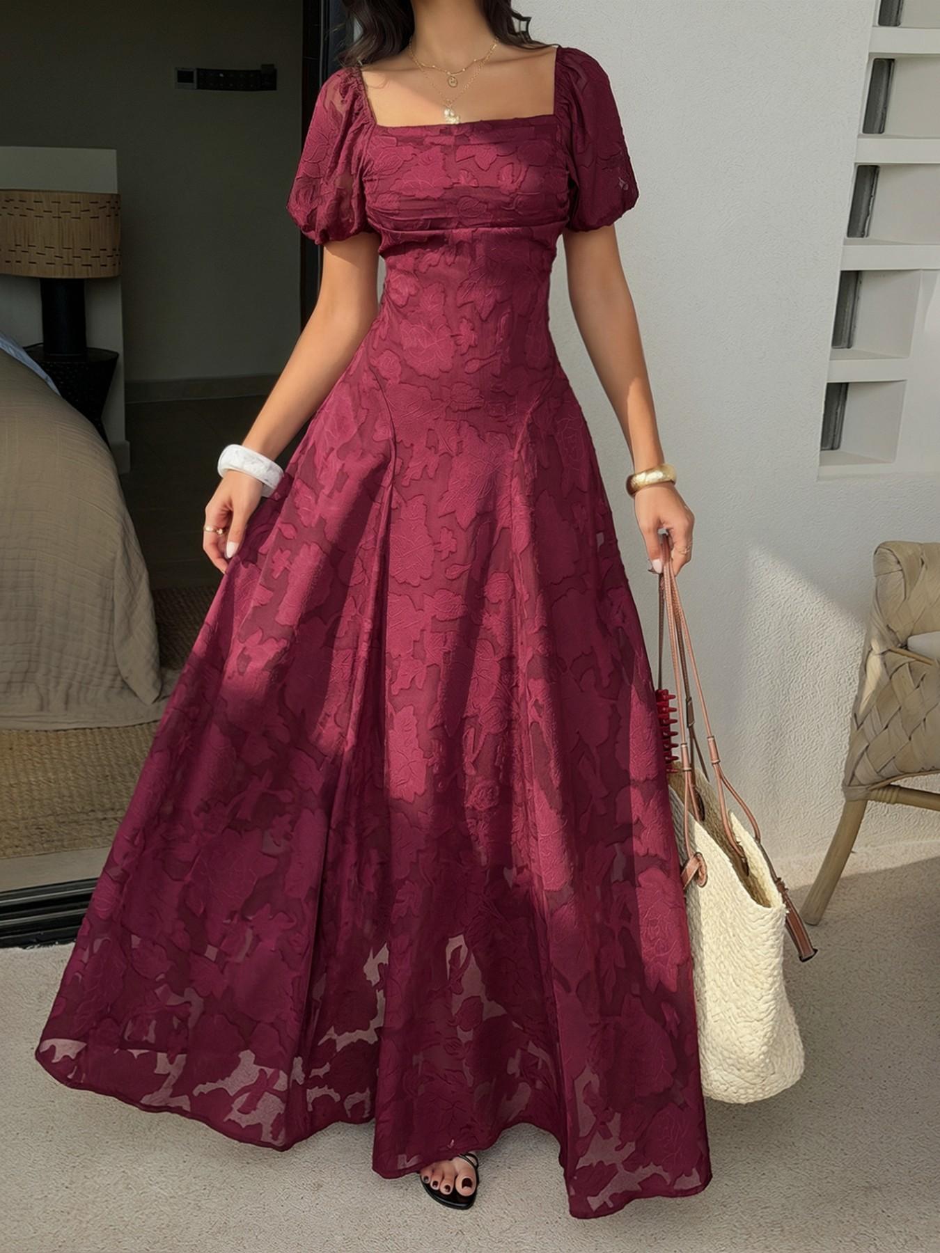 Pure Color Jacquard Square Neck Bubble Sleeve Dress, Back Crossed Tie French Vintage Wedding Banquet Atmosphere Dress