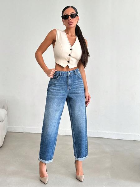 OBLue Jeans Retro High Waist Straight Leg Jeans for Women, Loose Fit with Rolled Hem for Slim Look and Style, High Waisted Denim