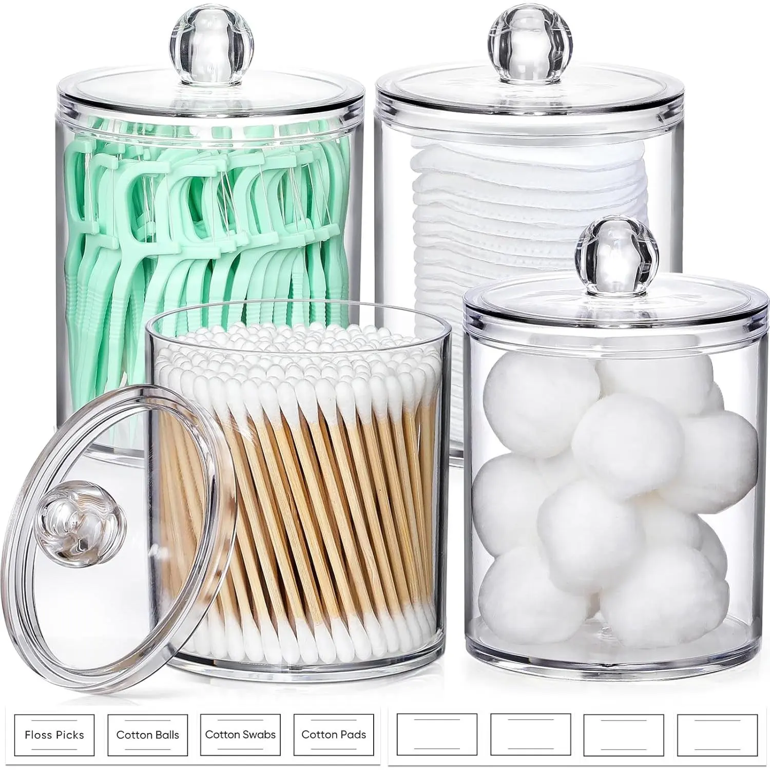 4-Pack Thick-Walled Small Size Apothecary Canisters Set Packs - Qtip Holder Dispenser for Cotton Swabs, Balls, Floss Picks with Labels, Home Organizer Shelf Decor, Compact
