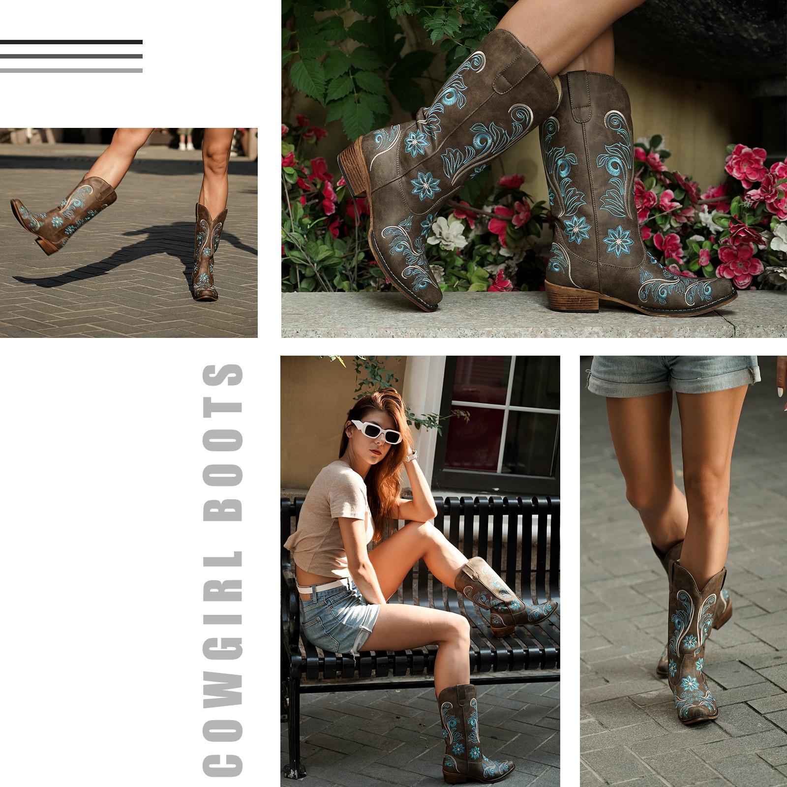 IUV Cowboy Boots For Women Mid Calf Western Boots Cowgirl Pull-On Tabs Pointy Toe Boot