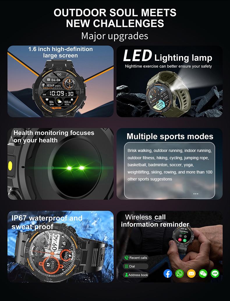 Outdoor smart watch, 1.53-inch touchscreen with wireless calling, over 100 sports modes and watch faces, AI voice assistant, compatible with Android and iPhone, flashlight function, fitness watch wearable device, stainless steel strap waterproof watch.