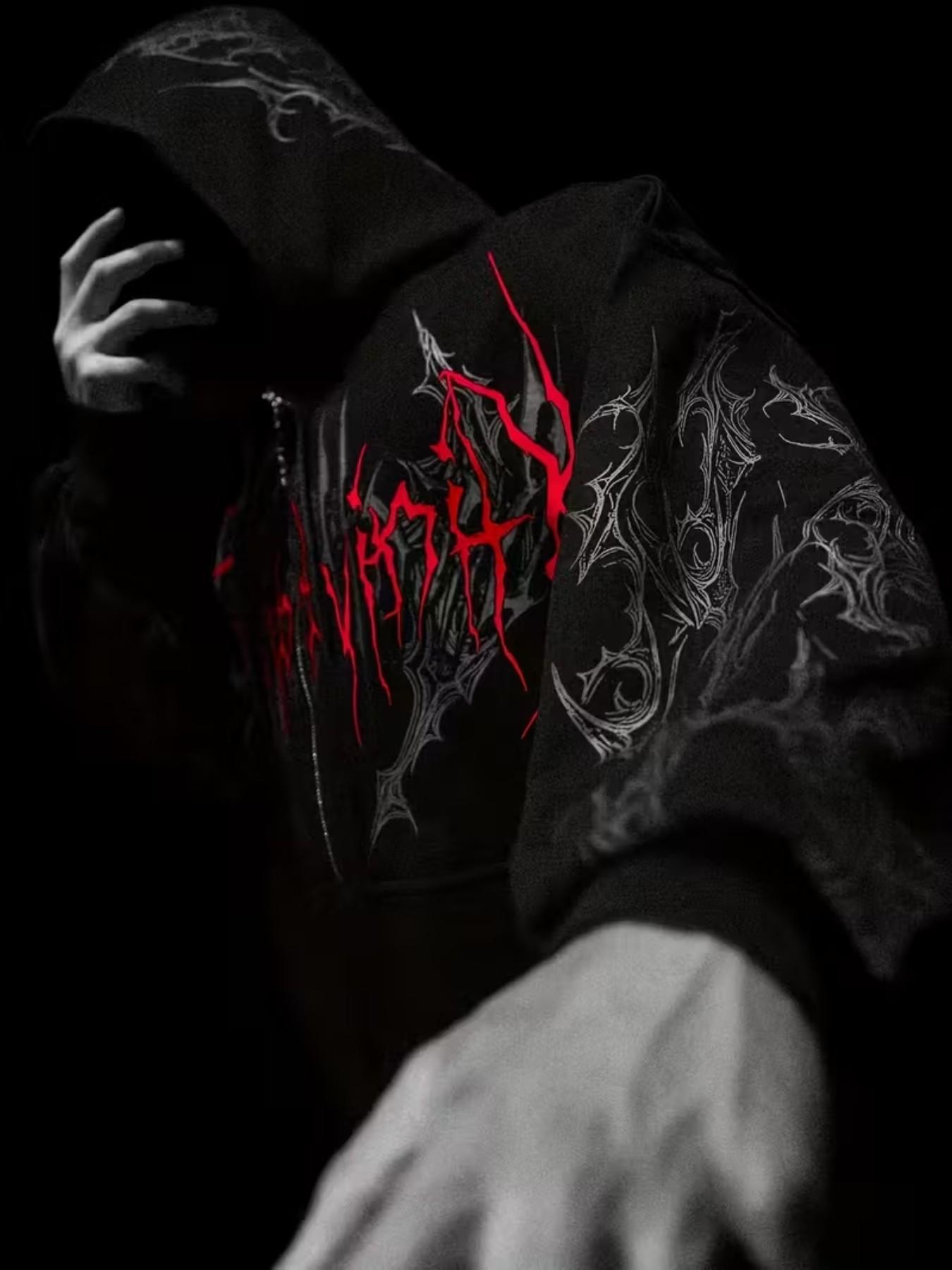 Men's Printed Hoodie, Winter Sportswear, Casual Kangaroo Pocket, Warm Wool Lined Pullover, Full Zipper, Print, Fall & Winter Clothing, Casual Fit Streetwear