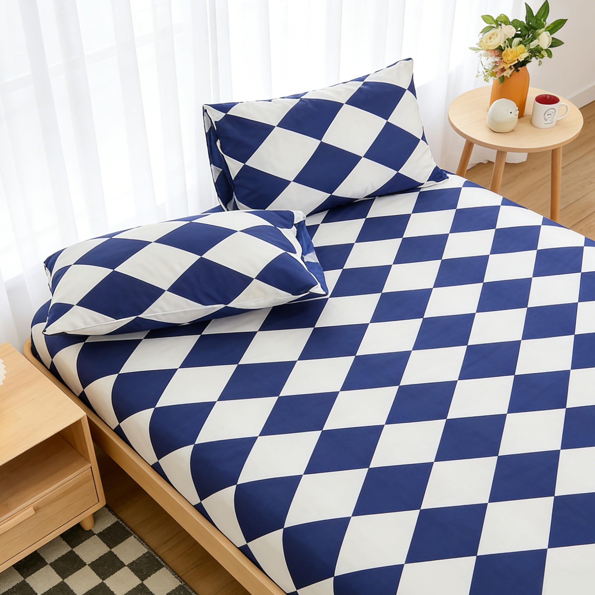 3-Piece Blue Geometric Fitted Sheet Set, Includes 1 Breathable Fitted Sheet + 2 Pillowcases, Soft Comfortable Fabric, Versatile Bedroom Decor, Ideal Gift for Boys, Soft Bedding Sets