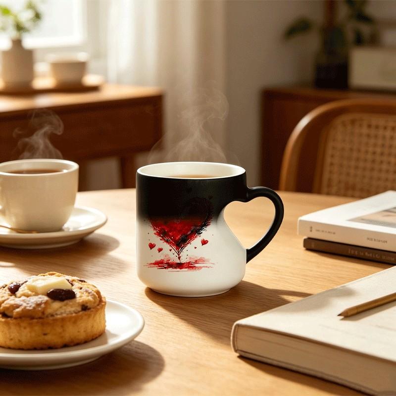 Heart-Shaped Color-Changing Mug - Thermosensitive Ceramic Mug, Changes color when hot drinks are poured in, White body decorated with red heart patterns, Fun gift mug, decorative mug, Novelty coffee mugs, Suitable for tea, cocoa