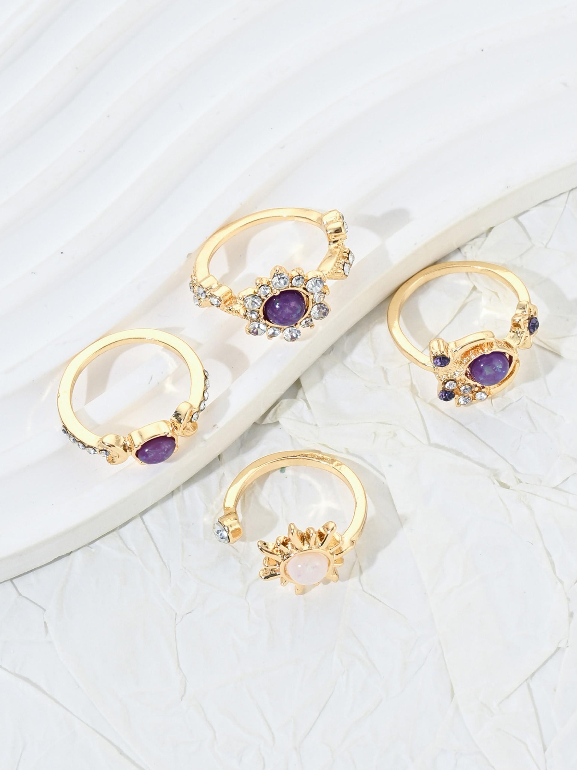 Fashionable Gemstone Ring Set, Sun Moon Diamond Accent Luxury Geometric Rings, High-End Style Jewelry for Women