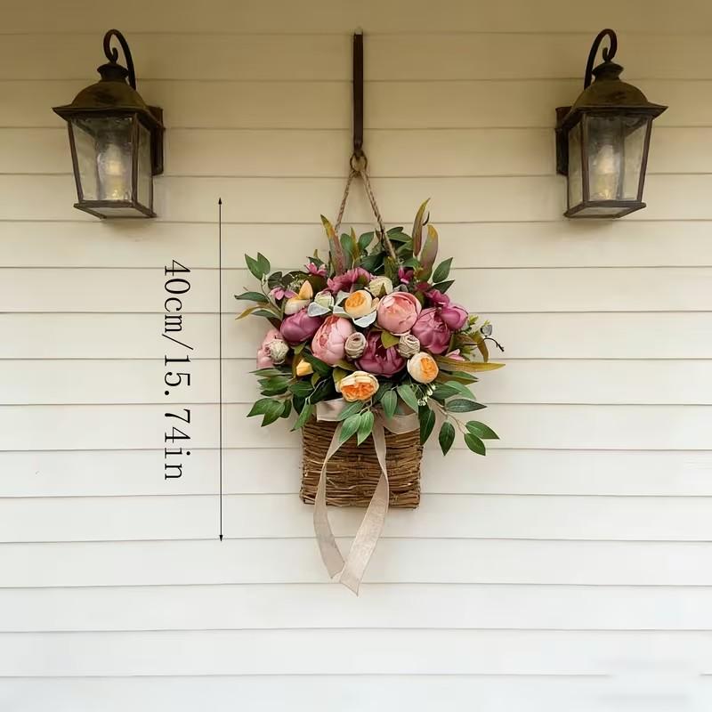 Peony Flower Door Basket Wreath, Spring Summer Wall Hanging Decor, Includes Hydrangea, Plastic Wreath for Front Door, Mother's Day, Daily Decor
