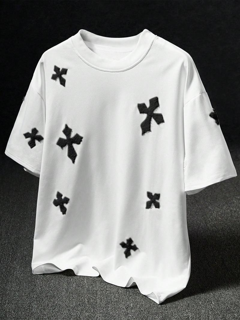 Men's Cross Stitch Embroidered Solid Color Round Neck T-Shirt, Casual Fitted Long Sleeve Top for All Seasons, Sporty College Style