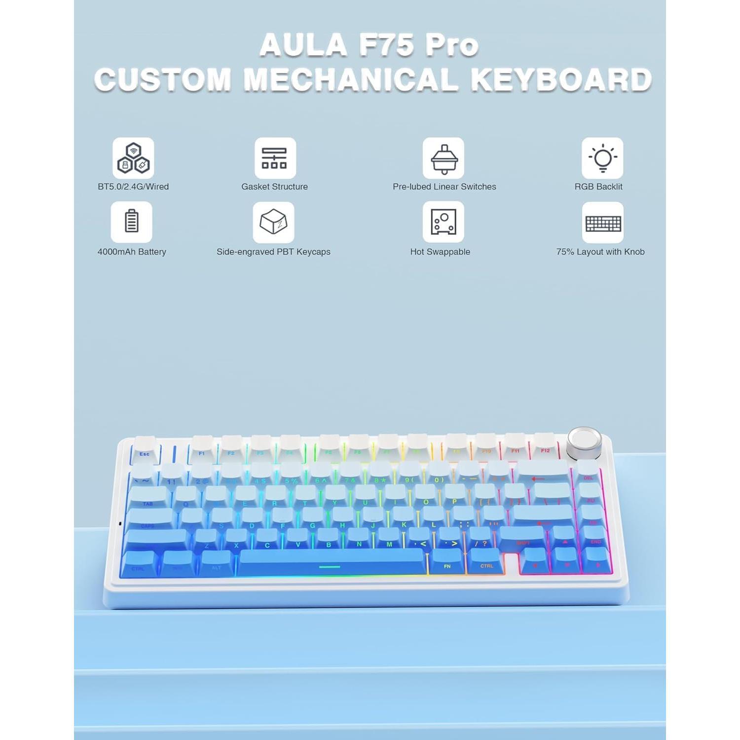 Keyboard and  Combo, F75 Pro 75% Hot Swappable Custom Keyboards+SC580  Gaming  White