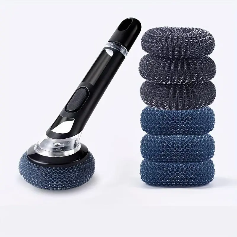 7pcs Set: One Multi-functional Kitchen Dish Brush with 6 Balls, Featuring a Soap Dispenser. This Non-electric Long-handle Scrubber Is Designed for Washing Dishes, Pots, and Pans. It Has a Simple, User-friendly Design for Easy Refilling and Efficient