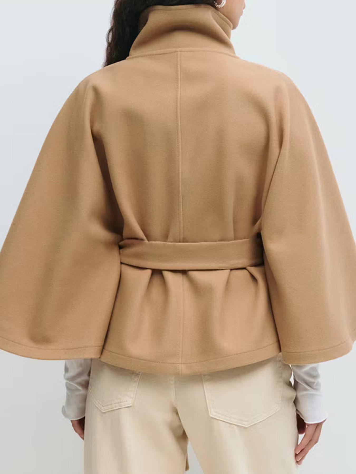 Women's Plain Front Buckle Belted Woolen Cape Coat, Casual Fall & Winter Outerwear, Stylish Daily Wear for Dating, Button