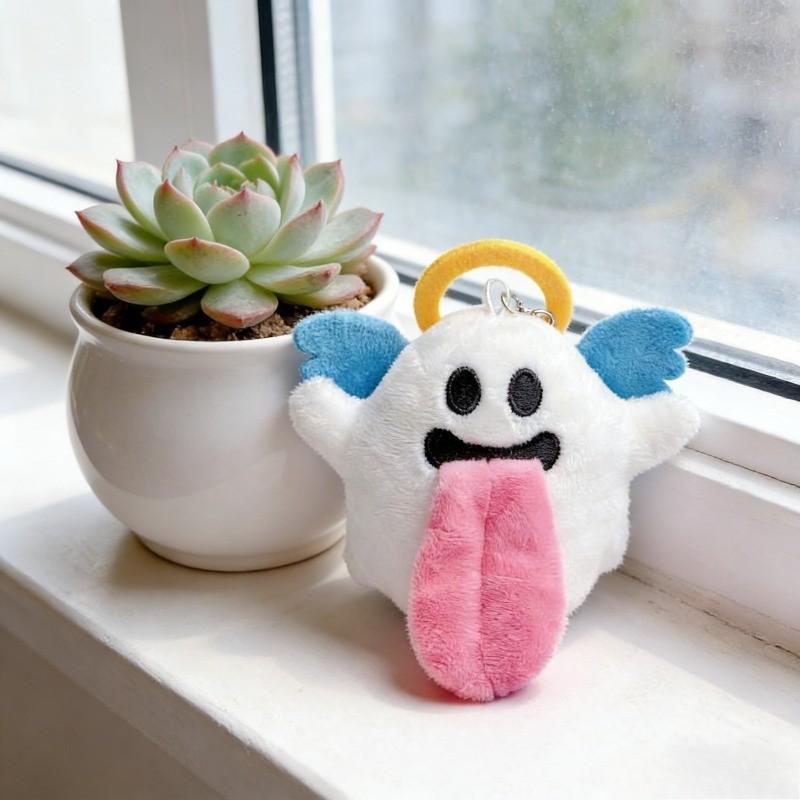 2026 Plush Keychain of Quirky Angel Ghost Design, Soft Furry Texture with Halo and Blue Wings, Funny Long Tongue for Cute Accessory Lovers