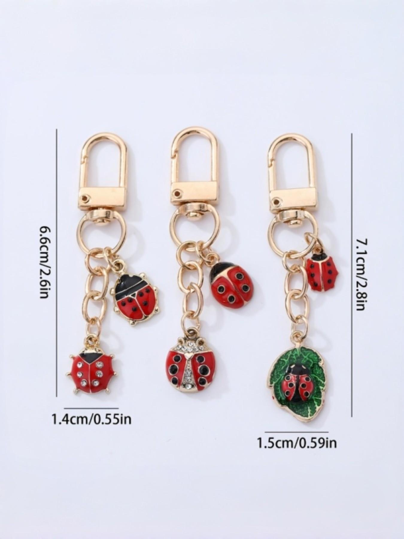 3pcs Ladybug Keychains, Enamel Bug Pendant with Crystal Gems & Leaf Design, Perfect Accessory for Bags & Wallets, Ideal Mother's Day Gift