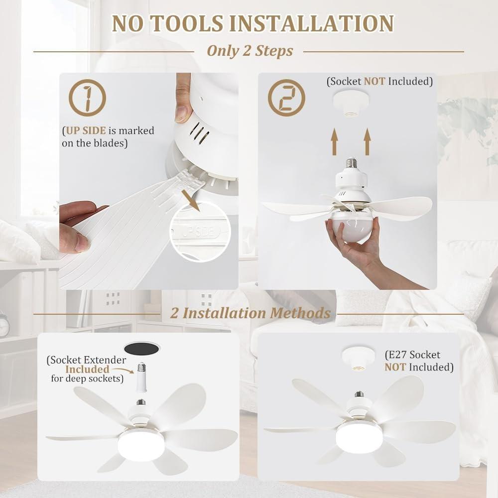 Portable Mini Ceiling Fan with Light Bulb, Remote Control, 20 Inch Screw Fan, E26 Base, 40w/3000k-6000k, for Bedroom, Kitchen, Living Room