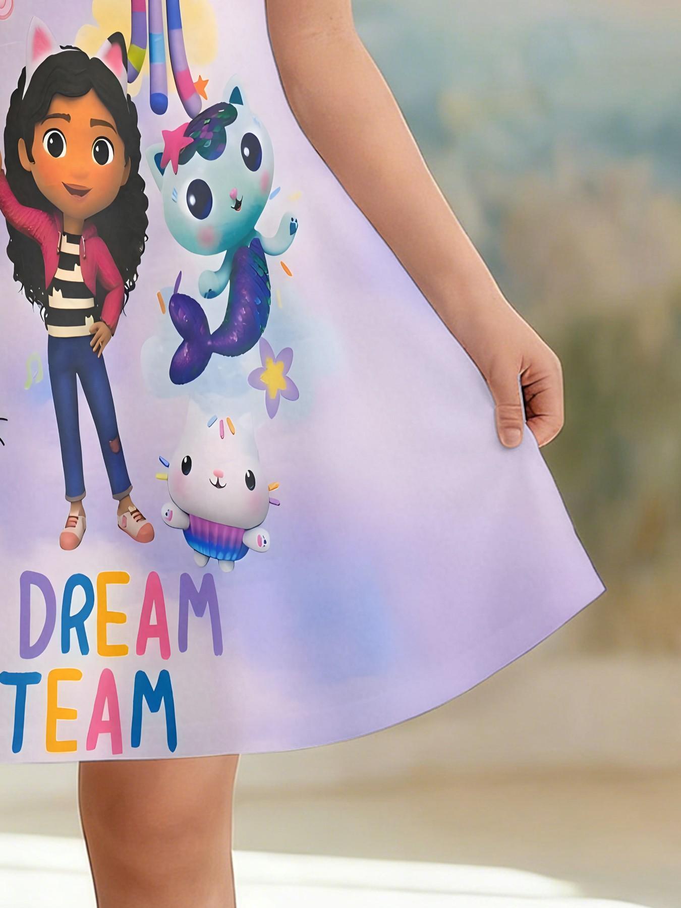 Girls' Base Gabby Team Full Print Dress, Cartoon Dream Team Short Sleeve A-Line Dress, Summer Casual Dress, Birthday Gift, Festival Gift
