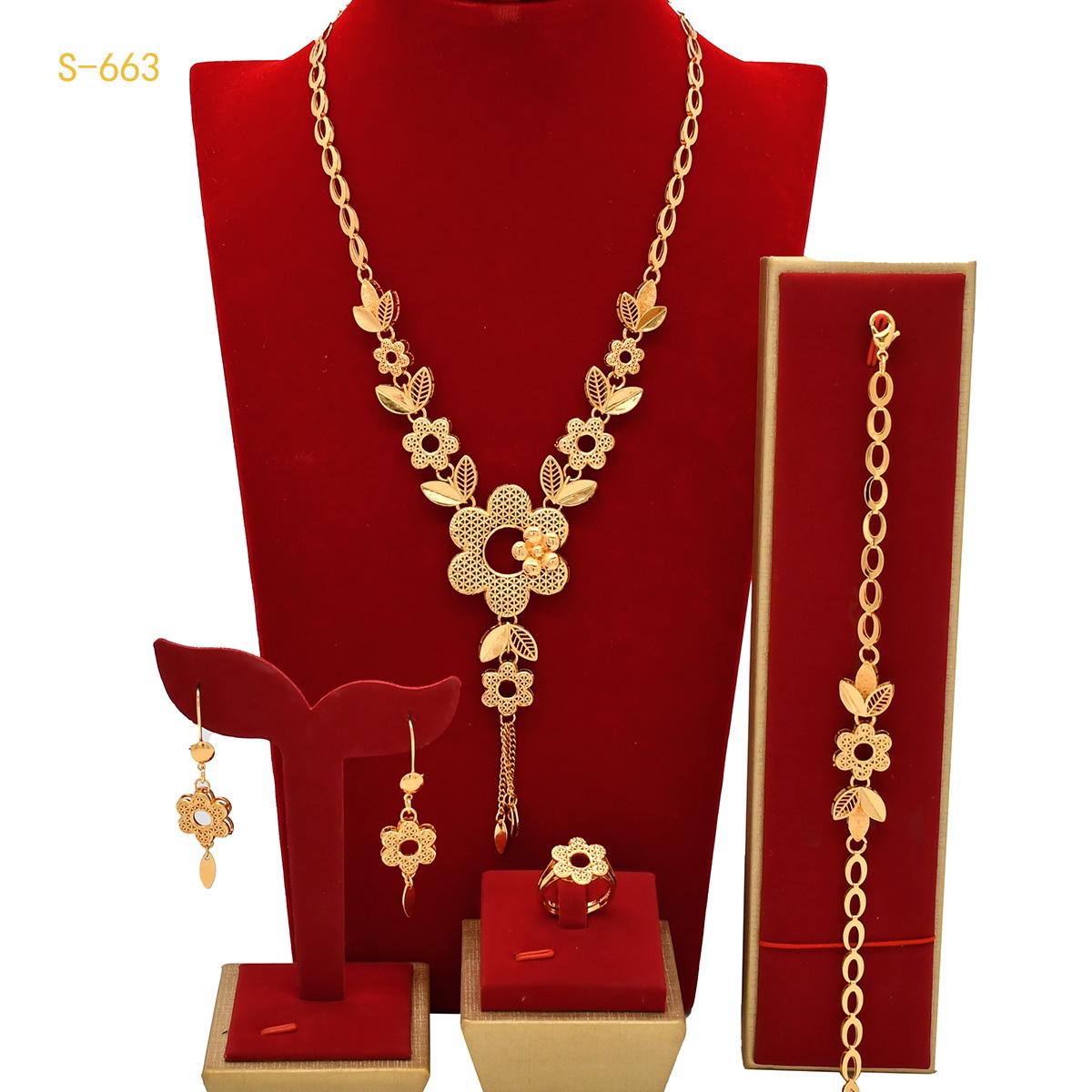 Bride's Gold Plated Jewelry Set Necklace Bracelet Earrings Ring Chic and Unique Stylish Ladies Elegant Gifts for Your Mom