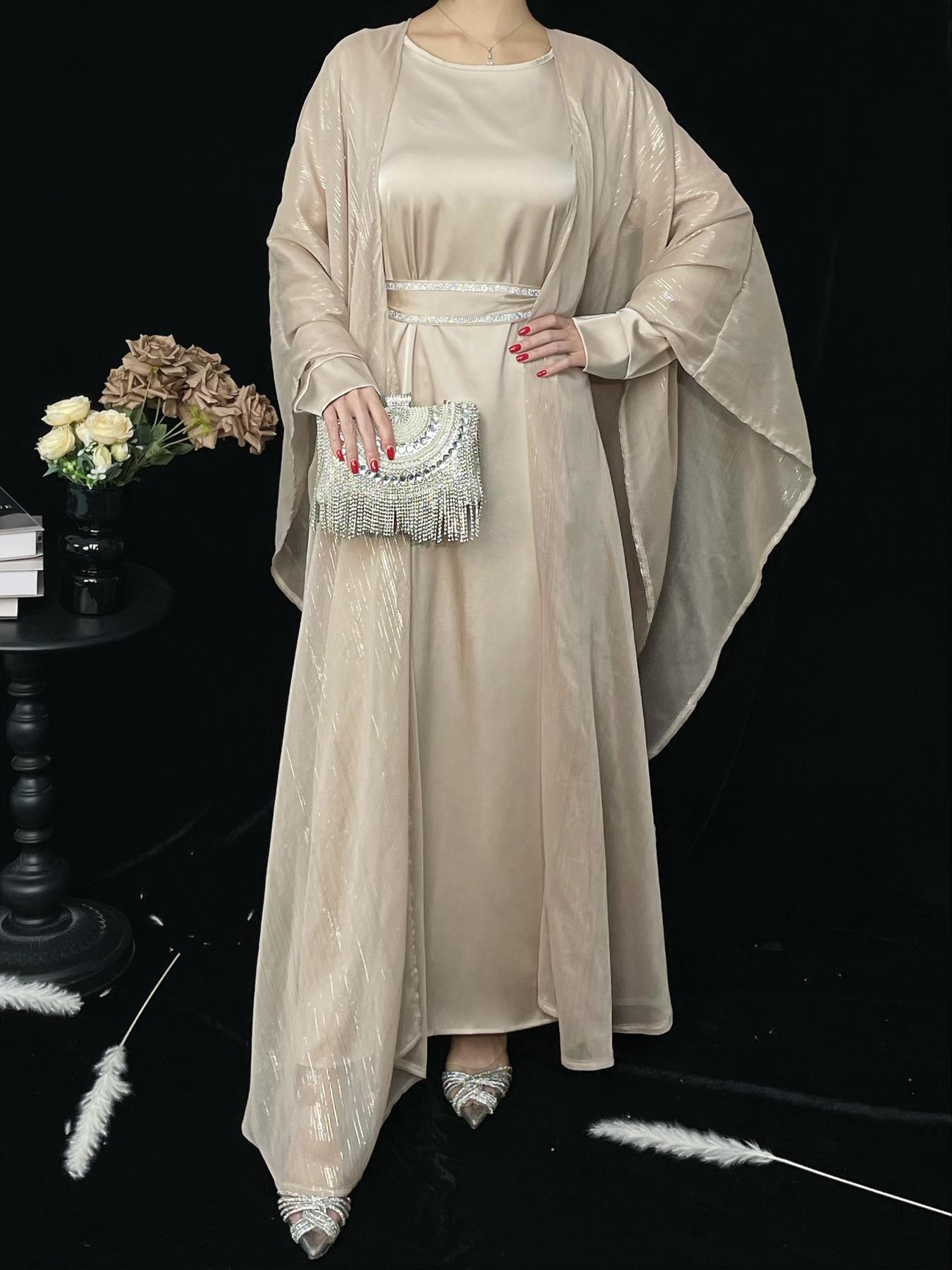 Elegant Fashion Luxury Gold Thread Shawl Dress Set, Round Neck Sparkle Waist Belt Abaya Suit, Three-Piece Stylish, Round Neck Abayas, Belted Abaya