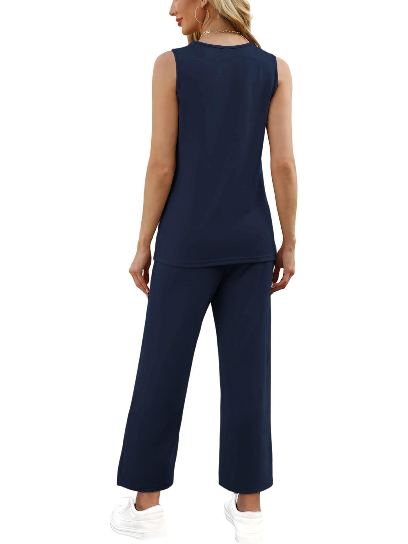 Women's 2 Piece Summer Outfit, Fitted Sleeveless Crewneck Tank Top with Shadow Stripes and High Waist Drawstring Wide Leg Pants with Pockets, Casual Lounge Set