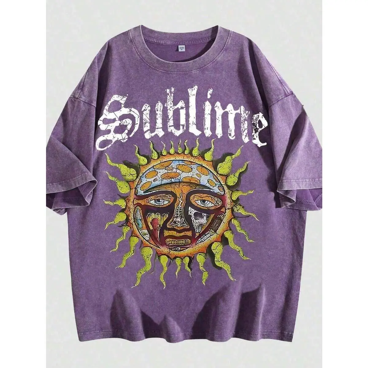 Unisex Sublime Band Sun Face Skull Print Graphic T-Shirt, Vintage Washed 100% Cotton Oversized Crew Neck Short Sleeve Tee, Retro 90s Rock Band Loo