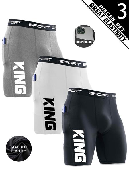 3-Pack Men's Compression Shorts with “KING” Graphic – Breathable, Quick-Dry, High Stretch – Gym, Running, Streetwear Style (Gray/White/Black)