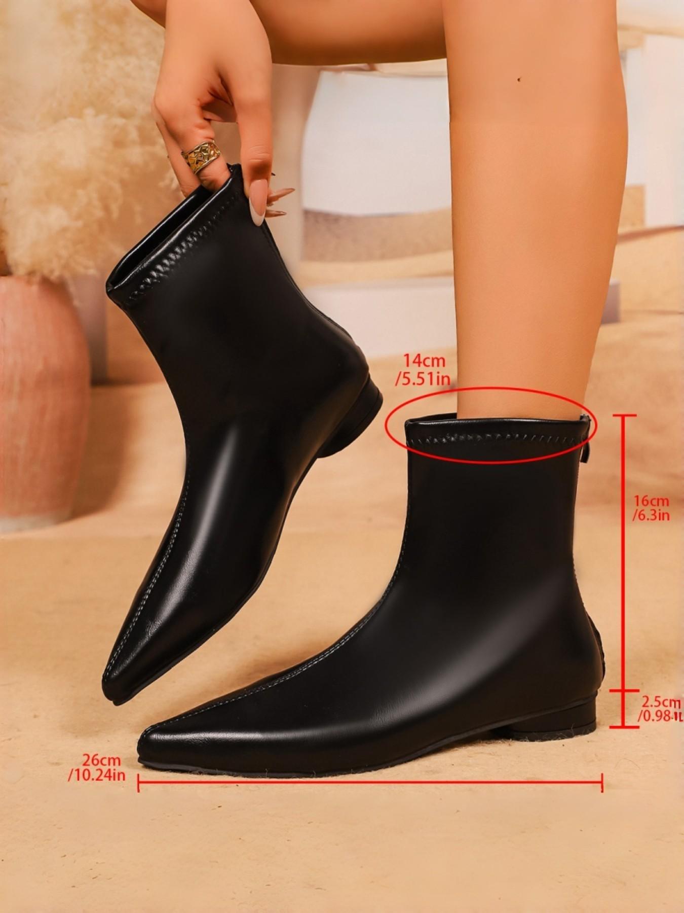Elegant Pointed Toe Low Heel Elastic Short Boots, Soft Leather Slimming Nude Boots, Daily Commute Versatile Ankle Boots, Autumn Winter Fashion