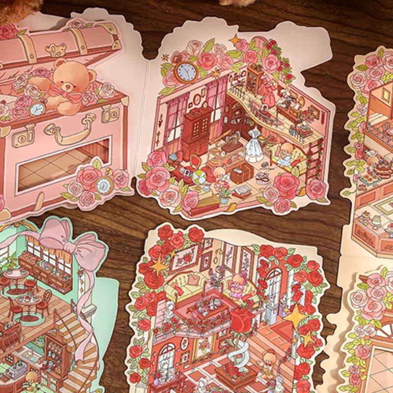 Romantic Bear Romantic House Series Scene Sticker Set, 4 Pieces, Floral Pattern Sticker, Decorative Wall Decals, Perfect for Home Decoration