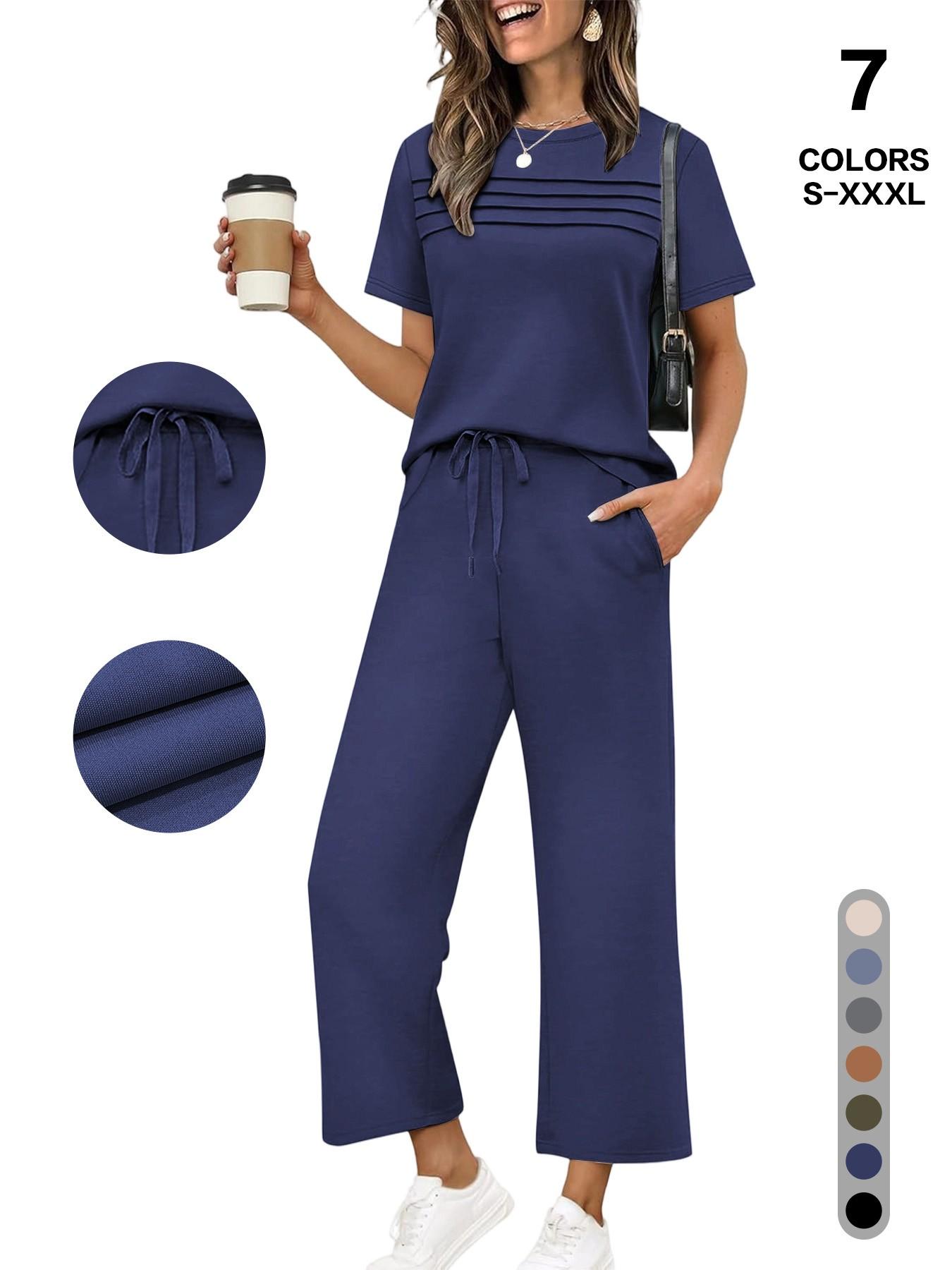 Women's 2-Piece Casual Fit Short Sleeve Pajama Set, Breathable Top + Drawstring Pants with Pockets, Fashionable for Home & Office, Loungewear, Casual Pajamas Set